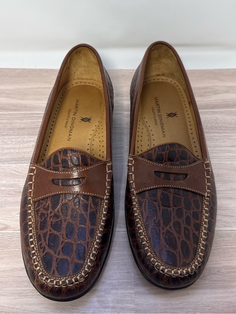 Designer Martin Dingman Men’s Brown Leather Crocodile Grain Loafer Size 11W